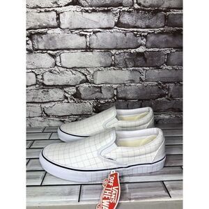 Vans Classic Slip-On Checkerboard Day White Canvas Sneakers Shoes Women 9.5M US